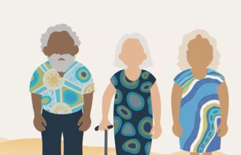 Three cartoon elders, one holding a walking stick